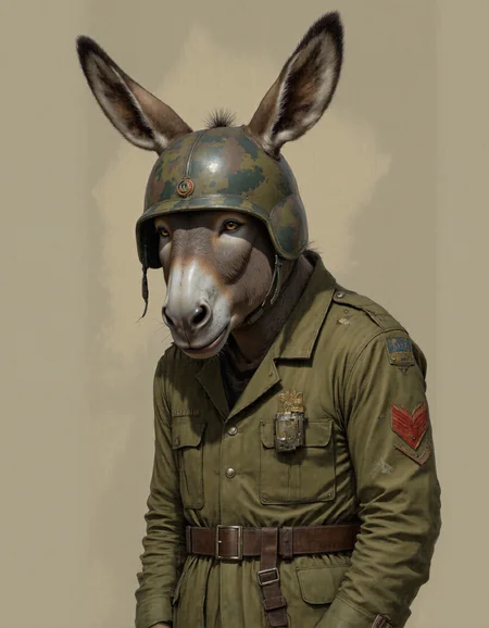 Rembrandt style <lora:funnys:1>, This is an ultra-realistic, highly detailed portrait of a donkey rendered with meticulous attention to texture, lighting, and character. The donkey stands against a muted gradient background that transitions from dusty beige at the bottom to a pale olive green near the top, evoking the rugged tones of a battlefield or desert landscape. Every detail of this eccentric yet oddly endearing subject has been crafted with care.
The donkey's body is sturdy and muscular beneath its coarse coat of fur, which varies in color from light gray-brown to darker patches around its back and legs. Each strand of fur is individually visible under the soft, diffused lighting, creating a natural, textured appearance. The fur on its ears is shorter and finer, catching highlights that emphasize their mobility, while thicker tufts frame its neck and chin, giving it a scruffy, unkempt look. Scattered across its hide are faint scars and scratches, hinting at a life of hard workâor perhaps just clumsiness.
Its face steals the show, dominated by an unmistakably "idiotic" expression that combines wide-eyed bewilderment with a slack-jawed grin. Its large, soulful eyes are slightly crossed, giving it an air of bemusement, while tiny wrinkles radiate outward from the corners of its mouth, amplifying its hapless charm. Its nostrils flare comically wide, as if perpetually startled, and its long, droopy ears stick out awkwardly to either side, twitching ever so slightly. A few stray wisps of fur protrude untidily from its snout, adding to its disheveled appearance.
The donkey wears a military uniform , complete with all the trappings of a soldierâbut somehow, it only enhances its absurdity. The olive-green jacket is too big for its lanky frame, bunching up around its shoulders and hanging loosely over its chest. Patches and medals are haphazardly pinned to the fabric, some upside-down or overlapping others, suggesting they were applied without much thought. Faded shoulder epaulets dangle precariously, and one sleeve is rolled up unevenly, revealing a patch of bare skin underneath. Around its waist sits a utility belt loaded with mismatched gear: empty holsters, tangled straps, and what appears to be a canteen leaking water onto its side.
Perched atop its head is a dented military helmet , tilted at a comical angle that threatens to slide right off. The helmet bears a faded camouflage pattern and a small dent near the front, as though it had survivedâor barely escapedâa direct impact. A strap hangs loose under its chin, swaying gently as if caught mid-motion. Beneath the helmet, its oversized ears poke through, refusing to be contained.
Lighting plays a crucial role in this piece, with soft, even illumination casting gentle shadows that accentuate the donkey's three-dimensional form. Subtle highlights run along the ridges of its hooves, the curve of its helmet, and the raised fibers of its fur, while deeper shadows pool within the folds of its oversized uniform and the creases of its skin. This interplay of light and shadow creates a masterfully realistic rendering, drawing the viewerâs eye to the intricate textures and imperfections that define the donkey's character.
Every element of this portraitâfrom the carefully crafted texture of the donkey's fur to the slapdash details of its ill-fitting military attire and the hilariously vacant expression on its faceâhas been meticulously designed using advanced CGI techniques combined with photorealistic textures. The result is an unparalleled level of realism that blurs the line between digital art and photography, inviting viewers to linger over the smallest details and marvel at the sheer ridiculousness of this lovable, bumbling creature. . Baroque, chiaroscuro, realistic, emotional, "flat lighting