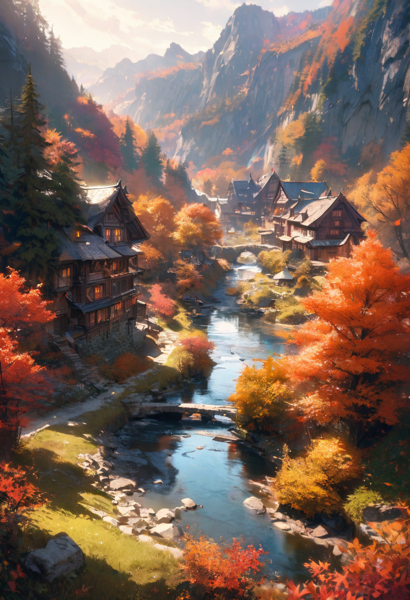 (best quality), [fractal art:realistic:0.2], (tilt shift:1.2), scenery, house, forest, stream, city, autumn, fantasy, reflective water, intense shadows, bright colors, ultra highres, absurdres