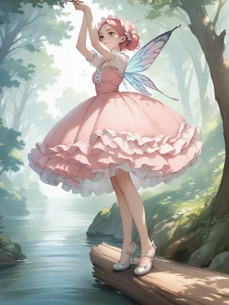 score_9, score_8_up, score_7_up, score_6_up, score_5_up, score_4_up,
1girl wearing a bell skirt <lora:bell_skirt-PD-1.0:1>,
(watercolor pencil \(medium\)), fairy wings, petticoat, layered dress, from below, pink dress, dutch angle, tree, see-through silhouette, sparkle, log bridge, river stones, strappy heels,