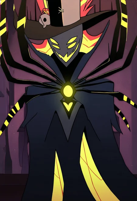 masterpiece, best quality, newest, absurdres, highres, HHp4ck-Style-V1.0, official style, 1boy, HHOVP-ZES-V1.0, hat, glowing eyes, extra eyes, top hat, tall, 1boy, male Focus, 4 eyes, hat feather, cape,
