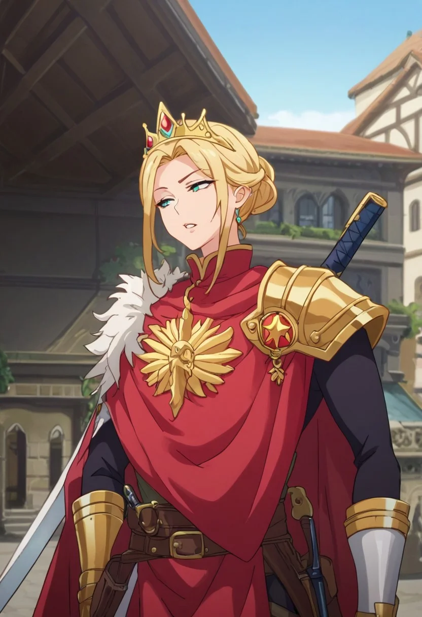 score_9, score_8_up, score_7_up, score_6_up, source_anime, BREAK 1girl, abyssalwarden, (best quality, masterpiece:1.3), 1girl, Warrior, sword, armor, upper body, , royal, tiara, royal crest, cape, standing, parted lips, film grain, blurry foreground, anime screencap, head tilt, parted lips, looking to the side,