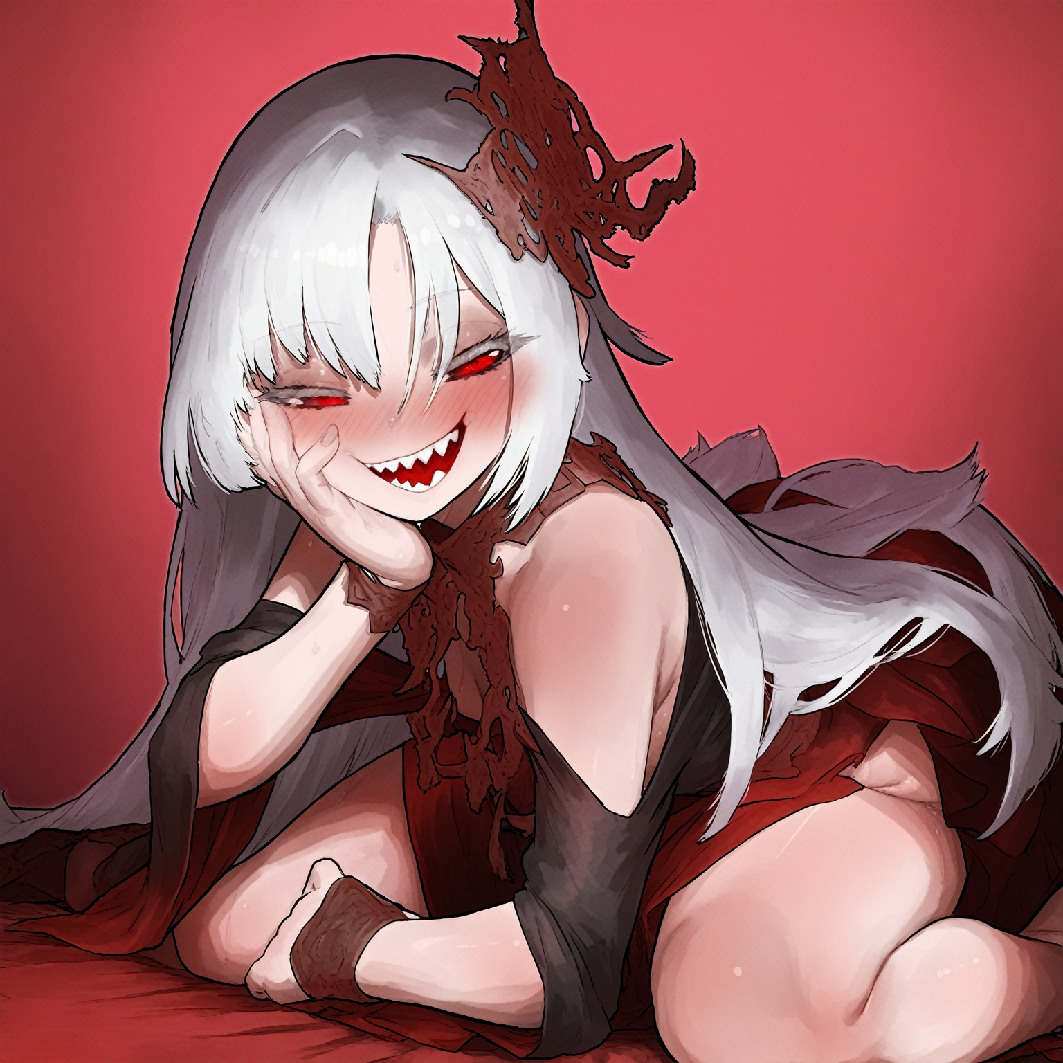 <lora:ekrea jan2 ilu:1>,1girl,white hair,red eyes,long hair,bangs,colored eyelashes,sharp teeth,thick eyelashes,hair ornament,jewelry,half-closed eyes,naughty face,dress,wariza,ekrea jan,masterpiece,best quality,newest,absurdres,highly detailed,very aesthetic,
