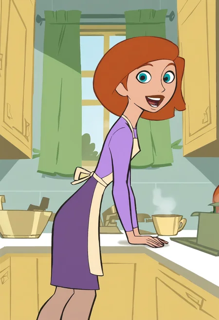 <lora:AnnPossiblePony1.0:1>AnnP, leaning on counter, 1girl, solo, apron, blue eyes, short hair, orange hair, open mouth, purple dress, kitchen, smile, flat color, long sleeves, window, curtains, indoors, pantyhose, purple skirt, score_9, score_8_up, score_7_up, score_6_up, score_5_up, score_4_up, looking at viewer,