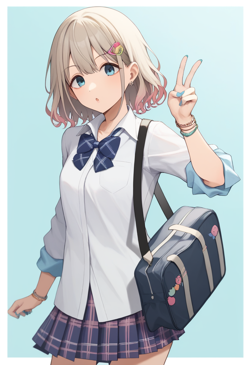 score_9,score_8_up,score_7_up,<lora:serizawa_asahi_pony:1>,jacket, kogal, plaid, hairpin, looking_at_viewer, simple_background, earrings, pillarboxed, pleated_skirt, collarbone, open_collar, gyaru, school_bag, 1girl, bag, border, bowtie, bow, puckered_lips, white_border, dutch_angle, blue_background, jacket_partially_removed, serizawa_asahi, loose_bowtie, nail_polish, plaid_skirt, bracelet, v, holding, jewelry, skirt, highres, solo, school_uniform, cowboy_shot