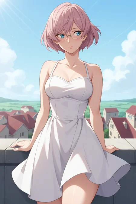 score_9, score_8_up, score_7_up, source_anime, 1girl, prefect lighting, very aesthetic, intricate details, highly detailed background, masterpiece, high quality, prefect hands, best quality, solo,
<lora:Mujina_SSSS.Dynazenon_V1:.85>, KJOmujina, short hair, pink hair, blue eyes, thick thighs,
white sundress, bare shoulders, expressionless, looking to the side, blush, embarrassed, glasses,
adjusting hair, wind,
rooftop,
(Beautiful, medium Breasts:1.2), natural breasts,