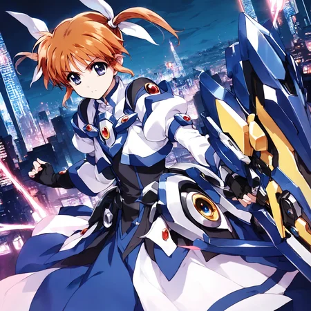 score_9, score_8_up, score_7_up, score_6_up,  source anime,
nanoha,1girl,,masterpiece,best quality,solo,gloves,armor,dress,puffy sleeves,long sleeves,blue Hand armor,black gloves,fingerless gloves,weapon,cityscape,
 <lora:pony_xl_nanoha:1>