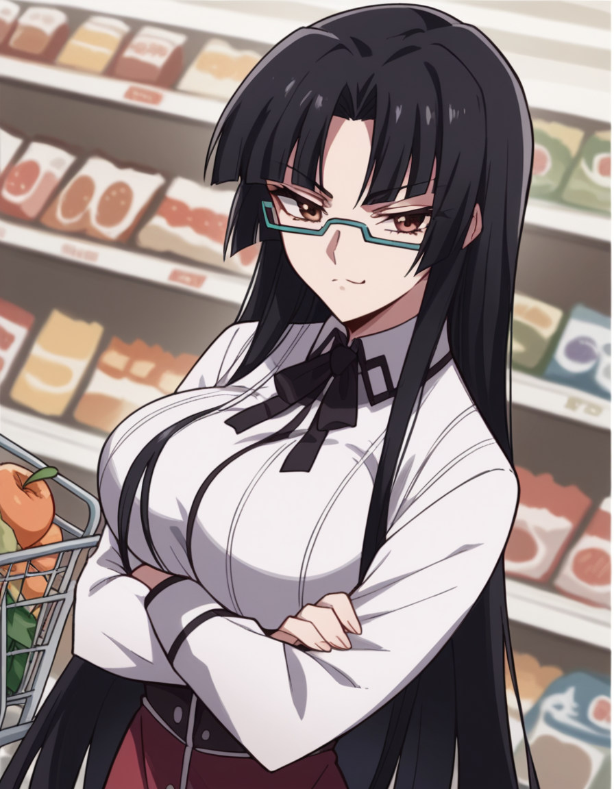 score_9, score_8_up, score_7_up, source_anime, <lora:tsubaki-shinra-s2-ponyxl-lora-nochekaiser:1>, tsubaki shinra, long hair, black hair, brown eyes, glasses, semi-rimless eyewear, under-rim eyewear, parted bangs, bangs, blunt bangs, large breasts, shirt, ribbon, school uniform, white shirt, black ribbon, neck ribbon, long sleeves, skirt, red skirt,, grocery store, shopping cart, picking fruits, everyday life, , , , crossed arms, smug, solo,, cowboy shot, dutch angle,