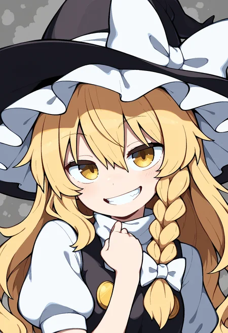 masterpiece,best quality,amazing quality,
1girl, kirisame marisa, solo, hat, blonde hair, yellow eyes, braid, long hair, smile, witch hat, bow, black headwear, hair bow, hair between eyes, looking at viewer, short sleeves, bangs, shirt, single braid, white bow, grin, white shirt, upper body, puffy sleeves, dress, hat bow, puffy short sleeves, hand up, teeth, black dress, vest,
<lora:AverageHanzo_epoch_10:1>