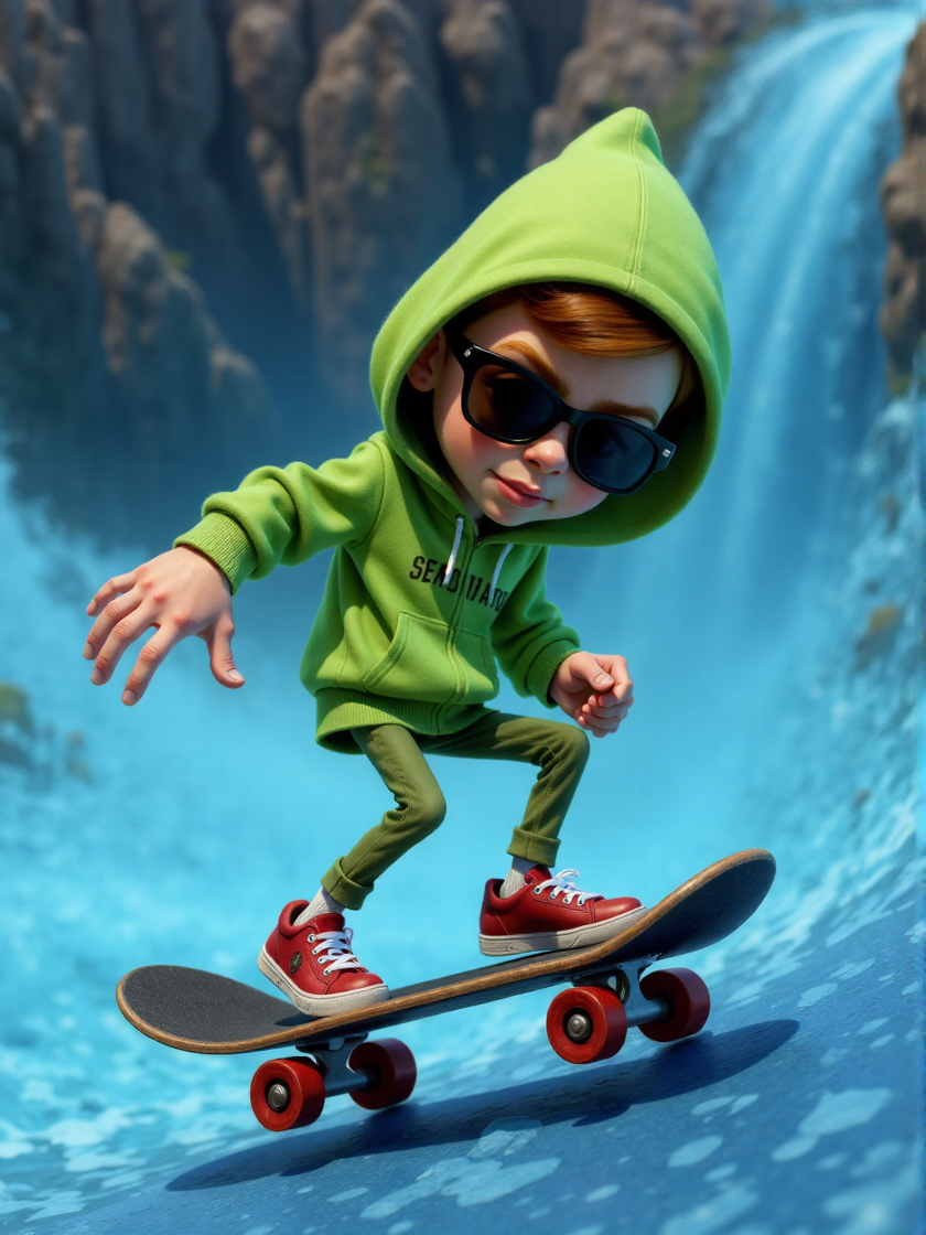 caricature of an animated boy, he's on a skateboard down a hill on a blue alien planet made of water. He's wearing a bright green hoodie and sunglasses  <lora:3d_caricature_Strong:0.9>