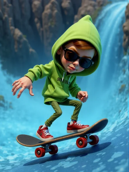 caricature of an animated boy, he's on a skateboard down a hill on a blue alien planet made of water. He's wearing a bright green hoodie and sunglasses <lora:3d_caricature_Strong:0.9>