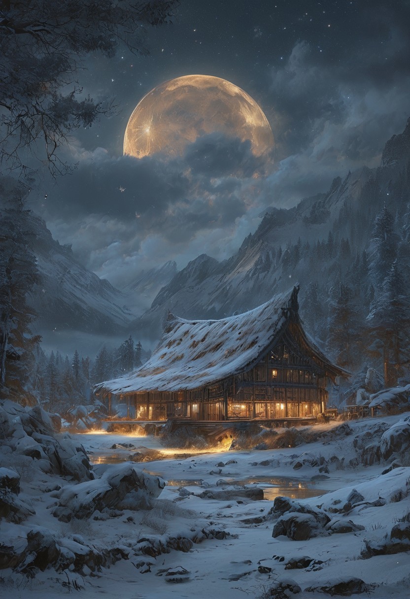 A captivating night scene illustration featuring a grand WOODEN viking long house standing tall on a large snowy hill overlooking a lake. The beautiful viking longhouse adorned with some windows, emits a warm glow, highlighting its incredible craftsmanship. The snowy  hill is covered in great pine trees, reflecting on the calm, moonlit snow  that mirrors the silvery moonlight. The full moon graces the sky, casting an ethereal glow on the clouds and mountain, while wispy clouds partially obscure its brilliance, adding to the scene's mystique. Twinkling stars dot the sky, creating a celestial tapestry that harmonizes with the moon's radiance. This enchanting artwork captures a serene and peaceful night, where the illuminated WOODEN viking longhouse stands resolute amidst the celestial beauty, creating a cinematic experience., illustration, cinematic
<lora:DonM3t3rn1tyXL-v1.1:0.7>, DonM3t3rn1tyXL,
OverallDetailXL  <lora:MJ52:0.3>  <lora:SDXLFaeTastic2400:0.4>  <lora:EpicF4nta5yXL:0.7>