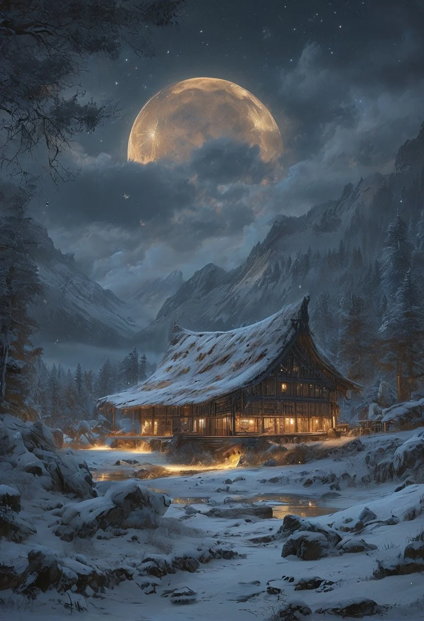 A captivating night scene illustration featuring a grand WOODEN viking long house standing tall on a large snowy hill overlooking a lake. The beautiful viking longhouse adorned with some windows, emits a warm glow, highlighting its incredible craftsmanship. The snowy  hill is covered in great pine trees, reflecting on the calm, moonlit snow  that mirrors the silvery moonlight. The full moon graces the sky, casting an ethereal glow on the clouds and mountain, while wispy clouds partially obscure its brilliance, adding to the scene's mystique. Twinkling stars dot the sky, creating a celestial tapestry that harmonizes with the moon's radiance. This enchanting artwork captures a serene and peaceful night, where the illuminated WOODEN viking longhouse stands resolute amidst the celestial beauty, creating a cinematic experience., illustration, cinematic
<lora:DonM3t3rn1tyXL-v1.1:0.7>, DonM3t3rn1tyXL,
OverallDetailXL  <lora:MJ52:0.3>  <lora:SDXLFaeTastic2400:0.4>  <lora:EpicF4nta5yXL:0.7>