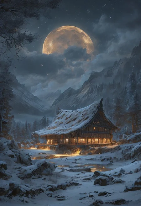 A captivating night scene illustration featuring a grand WOODEN viking long house standing tall on a large snowy hill overlooking a lake. The beautiful viking longhouse adorned with some windows, emits a warm glow, highlighting its incredible craftsmanship. The snowy  hill is covered in great pine trees, reflecting on the calm, moonlit snow  that mirrors the silvery moonlight. The full moon graces the sky, casting an ethereal glow on the clouds and mountain, while wispy clouds partially obscure its brilliance, adding to the scene's mystique. Twinkling stars dot the sky, creating a celestial tapestry that harmonizes with the moon's radiance. This enchanting artwork captures a serene and peaceful night, where the illuminated WOODEN viking longhouse stands resolute amidst the celestial beauty, creating a cinematic experience., illustration, cinematic
<lora:DonM3t3rn1tyXL-v1.1:0.7>, DonM3t3rn1tyXL,
OverallDetailXL  <lora:MJ52:0.3>  <lora:SDXLFaeTastic2400:0.4>  <lora:EpicF4nta5yXL:0.7>