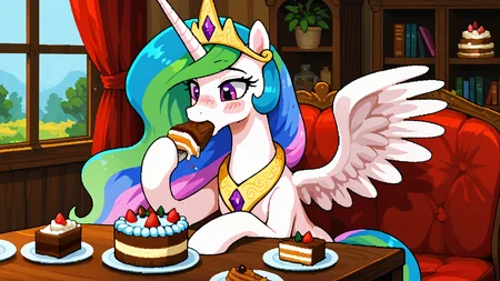 score_9, score_8_up, score_7_up, score_6_up, score_5_up, source_furry, <lora:fullfrontalfrog:1> pixel art
,mythological equine,sitting,equine,necklace,messy eater,hair,crown,purple eyes,eyebrows,jewelry,mammal,equid,table,mythological creature,food,solo,wings,horn,nekro-led,winged unicorn,multicolored hair,cutie mark,white body,my little pony,tiara,female,princess celestia \(mlp\),mythology,feral,headgear,friendship is magic,dessert,blush,eating,hasbro,cake,furniture
