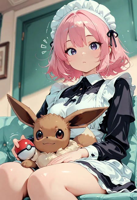 masterpiece, best quality, good quality, very aesthetic, absurdres, newest, 8K, depth of field, focused subject, 
focused subject, dynamic angle, manga, anime, inksketch, dynamic angle, dutch angle, wabi sabi, 1girl trainer, CivChan, holding a pokeball, Eevee pokemon (creature) sitting on her lap, looking at viewer, relaxing, motion lines, bronze palette
