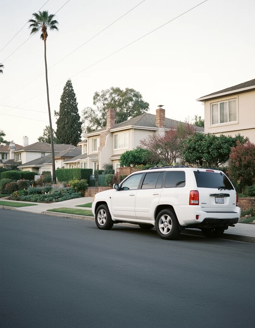 2014 photo of a Los angeles suburban neighborhood, houses, street, parked SUV, day time, palm trees,