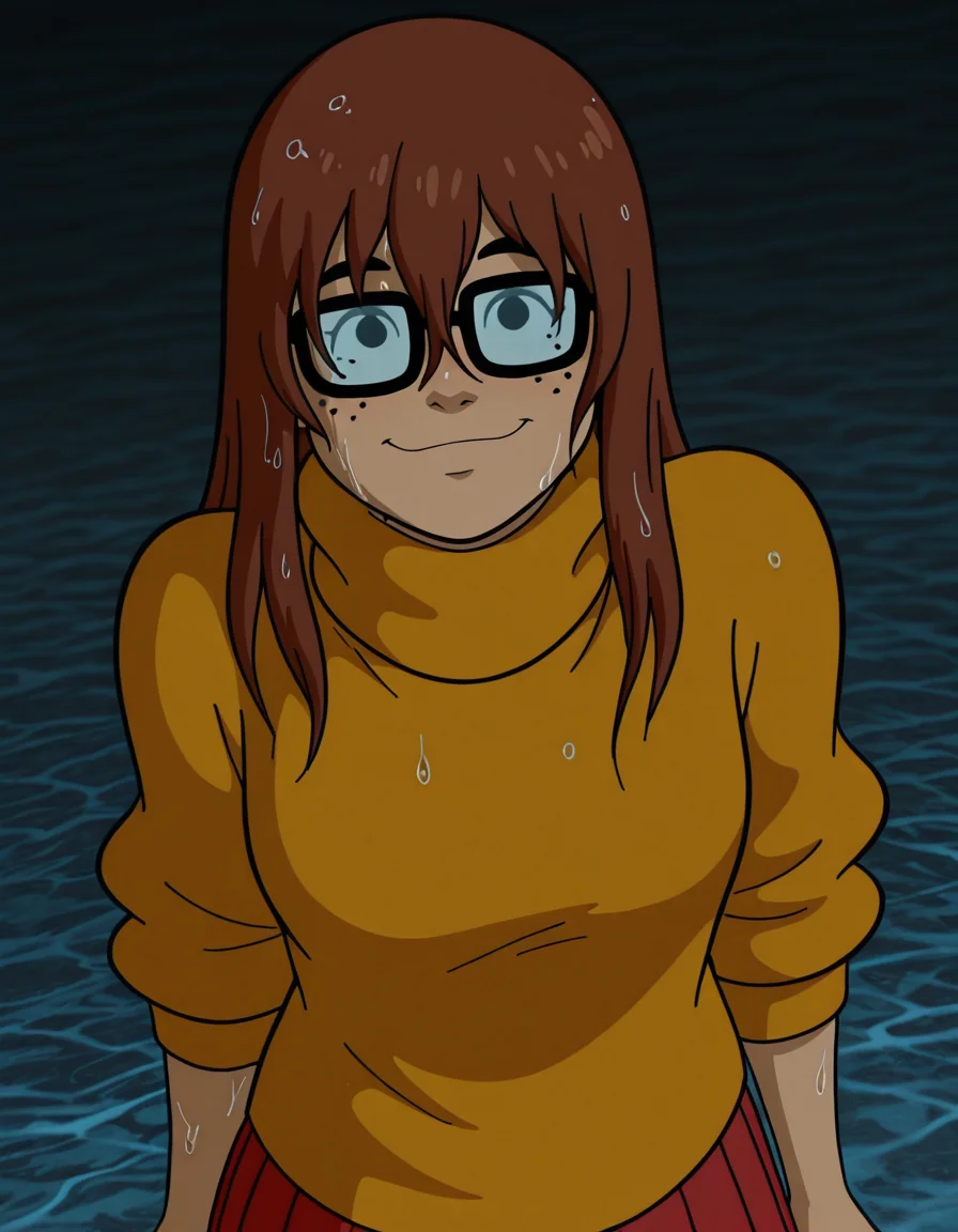 looking at viewer, smile, solo, <lora:Velma_Dinkley_Return_to_Zombie_Island_-_2019_IL:1> , velmareturnto, brown hair, black eyes, freckles, , black-framed eyewear, orange turtleneck sweater, sleeves rolled up, red pleated skirt, wet hair