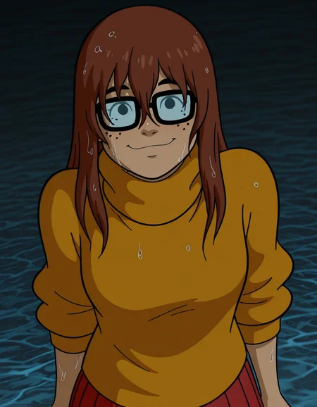 looking at viewer, smile, solo,   <lora:Velma_Dinkley_Return_to_Zombie_Island_-_2019_IL:1> , velmareturnto, brown hair, black eyes,  freckles, , black-framed eyewear, orange turtleneck sweater, sleeves rolled up, red pleated skirt, wet hair
