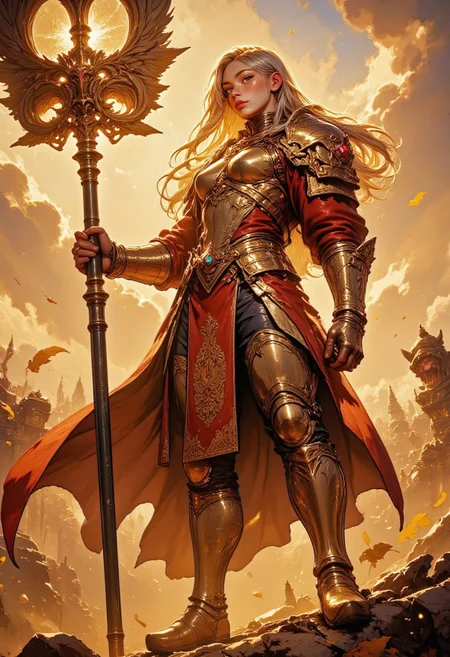A powerful female warrior in golden armor, standing on a battlefield with a massive, ornate warhammer. Her long, flowing blonde hair is swept by the wind, and she wears an intricate golden crown with sharp, wing-like details. The armor is highly detailed with engravings, glowing elements, and a majestic, battle-worn appearance. The background is filled with swirling dust, golden leaves, and the remnants of a grand battle. The scene is bathed in warm, golden light, creating a dramatic and epic fantasy atmosphere
