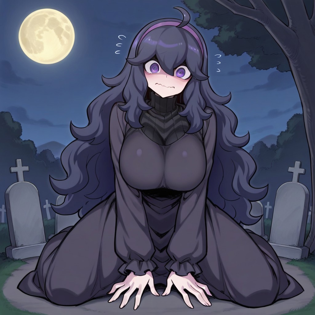 score_9, score_8_up, score_7_up, score_6_up,
1girl, hexmaniac(spacezin style-ixl), dark blue hair, purple eyes, spiral eyes, @_@, white pale skin, very long hair, ahoge, hair between eyes, bangs, purple hairband, messy hair, wavy hair, c-cup breasts,
looking at viewer, shaded face, (wavy mouth:1.2),  
sharp image, eye-catching, perfect quality, best quality, detailed,
detailed environment, dynamic pose, kneeling, nervous, shy,
outdoors, night, dark shadows, full moon, (graveyard:1.1), (tombstones:1.2),