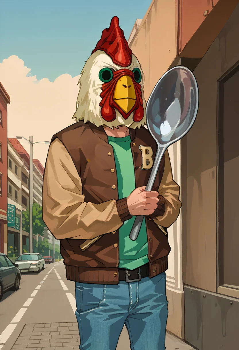 score_9, score_8_up, source_anime, 1boy, solo, ComicallyLargeSpoon, JacketHotlineMiami, mask, letterman jacket, brown jacket, green shirt, belt, jeans, outdoors, <lora:ChamJacketHotlineMiamiPonyXL:1>, <lora:ComicallyLargeSpoon_XLPD:1>