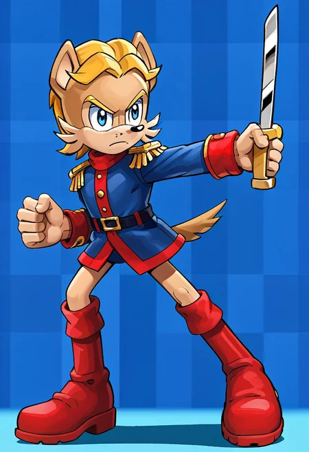 masterpiece, best quality, amazing quality, high detail, absurdres, Antoine D'Coolette, male, solo, holding saber weapon, sword, blue jacket, red boots, tail, blond hair, blue eyes, action pose, dynamic pose, (blue checkered background)