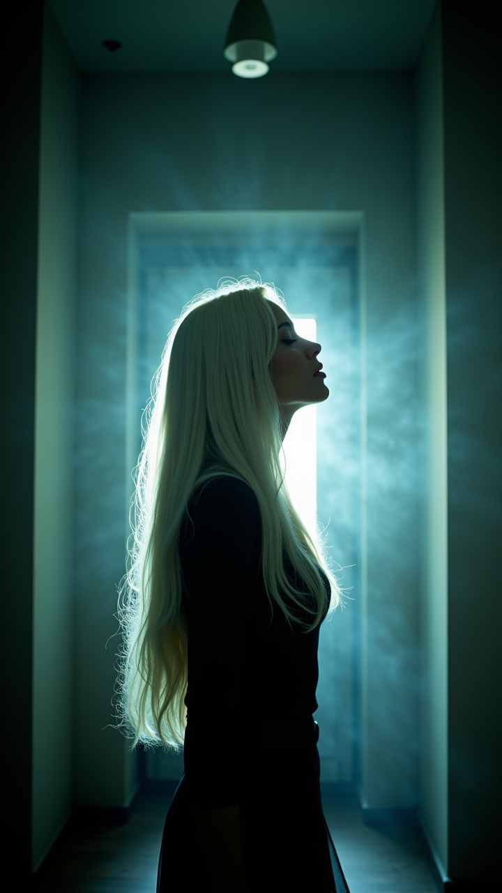 In a dimly lit room, a woman with long white hair styled as the iconic "Isabella" stands tall. Her eyes are closed as she gazes out at the world below. Joyful, Modern Art, studio lighting, Lomography, aidmaimageupgrader
