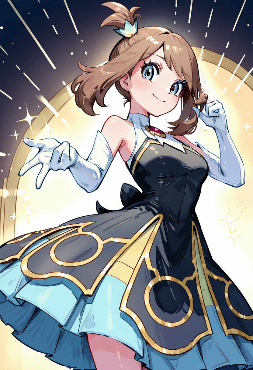 masterpiece, best quality, 1girl, eyelashes, (beautiful eyes), looking at viewer, smile,   zzMayCh, hair ornament, elbow gloves, white gloves, black dress, eyelashes, sleeveless dress, multicolored dress, solo, ballroom background, twirling pose, sparkling lights, elegant atmosphere â Under the glittering chandeliers, zzMayCh twirls gracefully, her multicolored dress flaring out, eyelashes fluttering as she shines in the grandeur of the ballroom.    (dynamic pose, foreshortening),  ,<lora:MayChampionPokemon_IXL:1.0>,