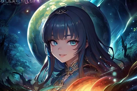 (masterpiece:1.4), 4K8K, (anime style), (high shutterspeed:1.4), (sharp edges), 
SyFyEye1, FanFo, 
1woman  hands togather,  leaning foward, face focus, smile, closed mouth, 
wearing Celtic style dress, (Detailed face, Detailed eyes, Detailed lips), (solo), 
Fantastic Forest at fantasy night, Fantastic Planets