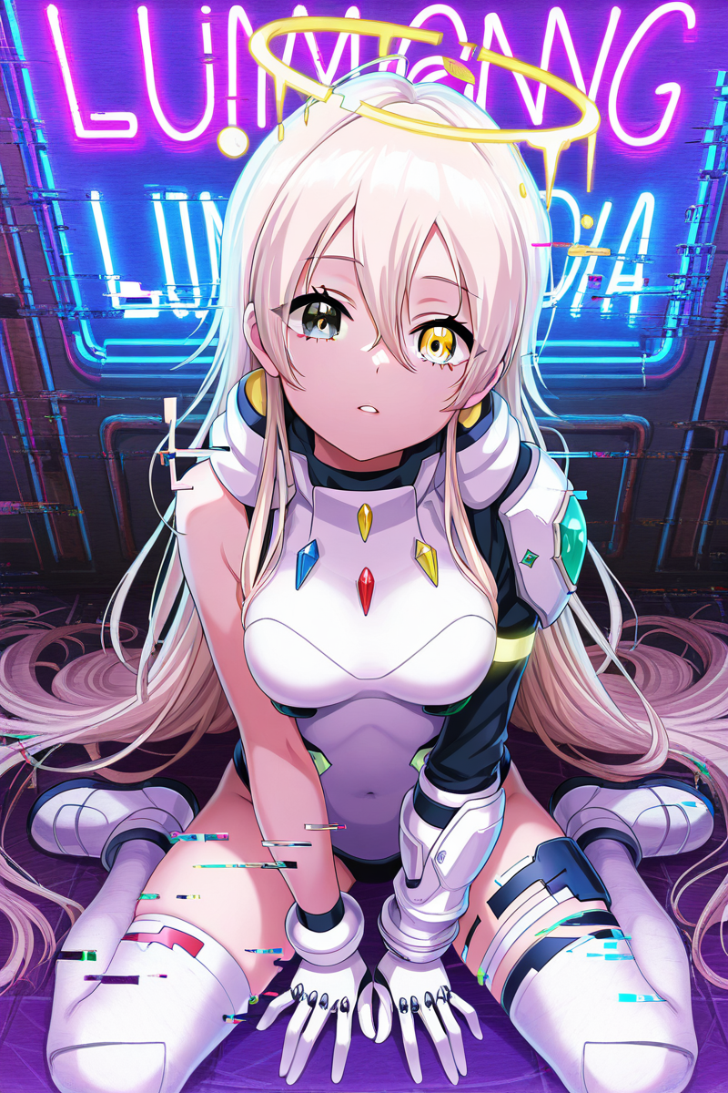 masterpiece, best quality, amazing quality,
 <lora:Lumina_IL:1> lumina, 1girl, solo, yellow eyes, long hair, glitch, strong glitch, sitting, heterochromia, looking at viewer, thighhighs, gloves, wariza, halo, breasts, hair between eyes, hand between legs, blonde hair, parted lips, neon lights, medium breasts, bangs