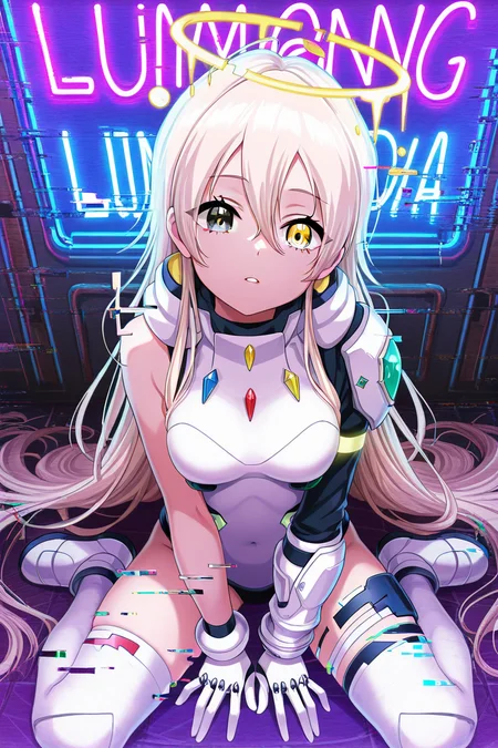 masterpiece, best quality, amazing quality,
<lora:Lumina_IL:1> lumina, 1girl, solo, yellow eyes, long hair, glitch, strong glitch, sitting, heterochromia, looking at viewer, thighhighs, gloves, wariza, halo, breasts, hair between eyes, hand between legs, blonde hair, parted lips, neon lights, medium breasts, bangs
