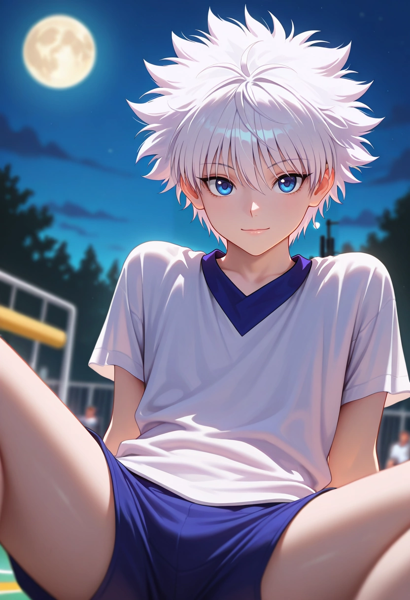 masterpiece, best quality, , semi-realistic, looking at viewer, depth of field, 1boy, solo, male focus, <lora:killua_zoldyck_ilxl:0.9>, killua_zoldyck, white hair, blue eyes, short hair, spiked hair, bangs, messy hair, asymmetrical, gym, night, full moon, spread legs, light smile,
