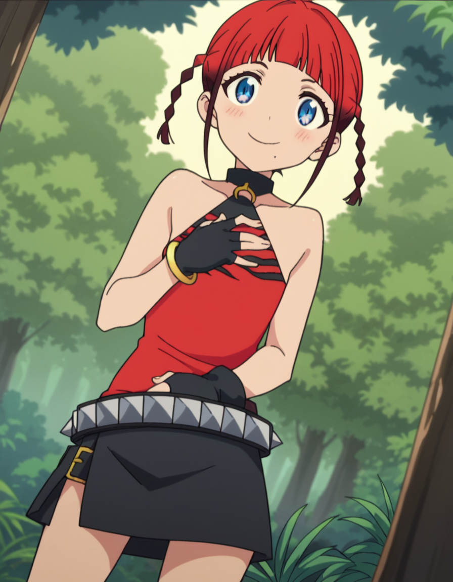 score_9, score_8_up, score_7_up, source_anime, <lora:chise-asukagawa-s1-ponyxl-lora-nochekaiser:1>, chise asukagawa, short hair, blue eyes, braid, red hair, multicolored hair, mole, twin braids, gradient hair, mole under mouth, anime screencap,, skirt, gloves, bare shoulders, jewelry, belt, fingerless gloves, bracelet, sleeveless, red shirt, black skirt,, forest, trees, foliage, wildlife, greenery, smile, hand on stomach, blush,, looking at viewer, solo,, dutch angle, cowboy shot