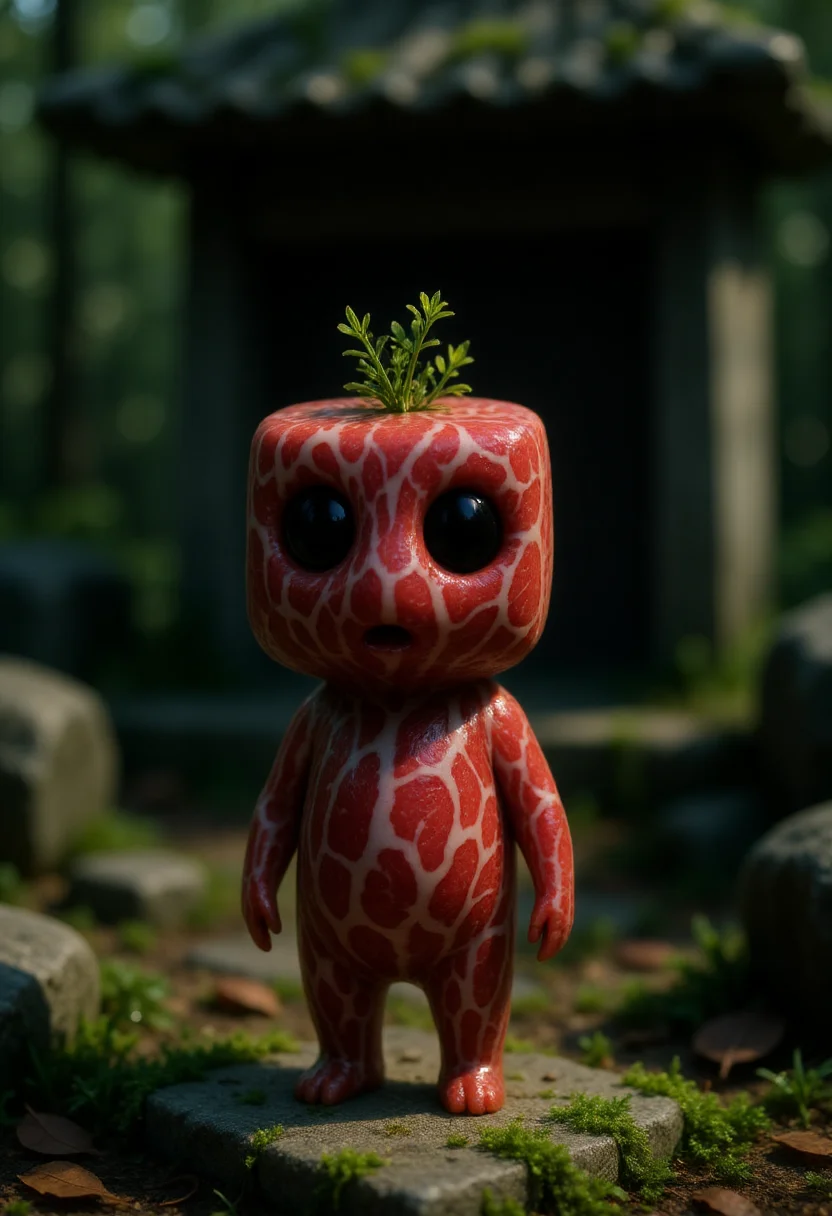 A stunning, ultra high-resolution (8K) macro photograph of a small Kodama forest spirit inspired by Studio Ghibli, standing on a stone surface near an old forest shrine. This Kodama has a squared, blocky body shape, and its skin resembles raw marbled meatâdeep red with intricate white fat lines running through it, giving it a dense, organic texture. The surface is slightly glossy, as if freshly cut, with subtle reflections of ambient light. Its head is also squared, with large, round, dark eyes that contrast against the vivid meat texture, giving it a strange yet gentle expression. Small sprigs of herbs rest atop its head like a crown, adding an odd touch of greenery. The setting includes weathered stones, patches of moss, and scattered leaves, with soft, filtered sunlight creating a muted, atmospheric background. The photo is hyper-detailed, with a shallow depth of field capturing the fine marbling of the Kodamaâs meat-like body and the rich textures of its surroundings. The mood is surreal, slightly unsettling, yet quietly magical. <lora:Kodama_V1:1>