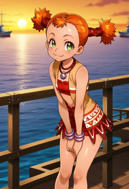anime screencap, anime coloring,anime, best quality, 4k,
1girl, solo, ccmel, short twintails, hair ornament, sleeveless jacket, necklace, bandeau, bracelet, <lora:illustriousXL CC Mel V1:1>
outdoors, port, ocean, ships,
looking at viewer, smile , thick legs,