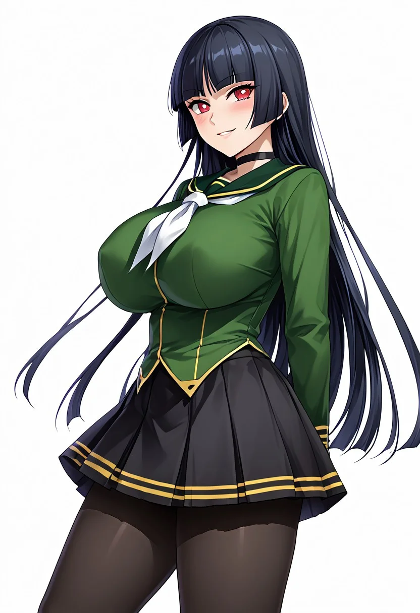 score_9,score_8_up,score_7_up,source_anime,5_figner,2d_animation,game cg,BREKE,
POKEMONSABRINA, BLACK HAIR, LONG HAIR, BANGS, BLUNT BANGS, RED EYES, HIME CUT, SIDELOCKS,WHITE PUPILS,1girl,solo,mature female,
gosya school uniform,
long sleeves,pleated skirt,black pantyhose,shoes,green shirt,choker,serafuku,arms behind back,from side,
gigantic breasts,thick hips,thick thighs,thick waist,disproportionate breasts,huge areolae,
covered erectile nipples,covered the breast,curves,glamour,blush,smile,upper body,white neckerchief,
simple background,white background,
masterpiece,best qualit,ultra-detailed,illustration,an extremely delicate and beautiful,beautiful detailed eyes,unity 8k wallpaper,high resolution,anime CG,official_art,