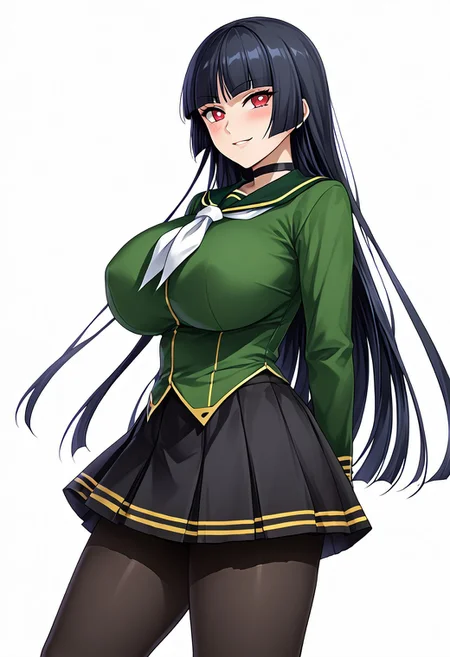 score_9,score_8_up,score_7_up,source_anime,5_figner,2d_animation,game cg,BREKE,
POKEMONSABRINA, BLACK HAIR, LONG HAIR, BANGS, BLUNT BANGS, RED EYES, HIME CUT, SIDELOCKS,WHITE PUPILS,1girl,solo,mature female,
gosya school uniform,
long sleeves,pleated skirt,black pantyhose,shoes,green shirt,choker,serafuku,arms behind back,from side,
gigantic breasts,thick hips,thick thighs,thick waist,disproportionate breasts,huge areolae,
covered erectile nipples,covered the breast,curves,glamour,blush,smile,upper body,white  neckerchief,
simple background,white background,
masterpiece,best qualit,ultra-detailed,illustration,an extremely delicate and beautiful,beautiful detailed eyes,unity 8k wallpaper,high resolution,anime CG,official_art,