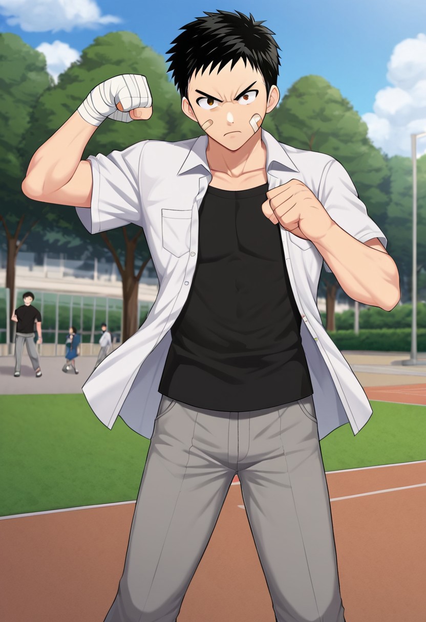harmard, black hair, short hair, brown eyes, 1boy, solo, solo focus, wear white shirt, unbuttoned shirt, chest pocket, black t-shirt, grey pants, plaster on cheek, bandage on hands, at park, outdoor, fight pose, furious expression