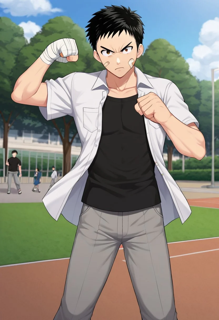 harmard, black hair, short hair, brown eyes, 1boy, solo, solo focus, wear white shirt, unbuttoned shirt, chest pocket, black t-shirt, grey pants, plaster on cheek, bandage on hands, at park, outdoor, fight pose, furious expression