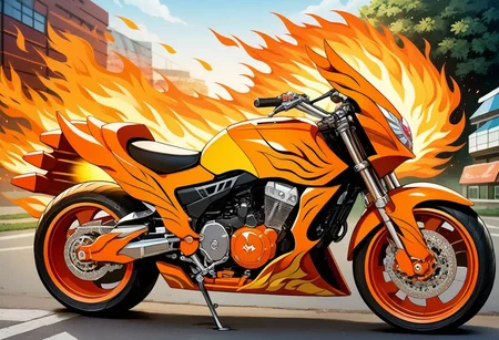score_9,
rider machine, honda, orange motorcycle, flames, fire