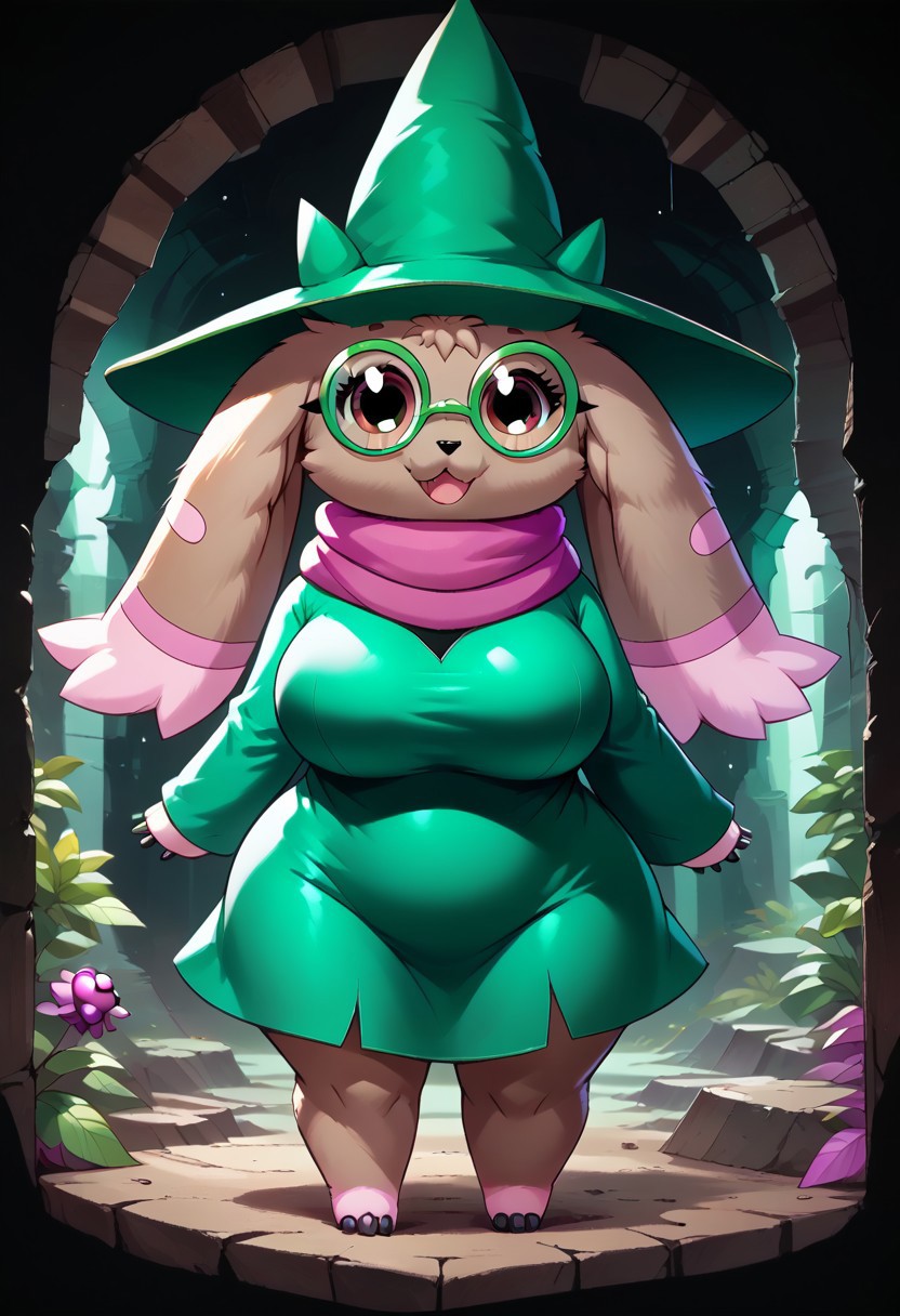 ((score_9, score_8_up, score_7_up, best quality, masterpiece, smooth shading, GhostlyStyle, MegaFluffyPony, furry, fluffy, ITMStyle, solo, full body)) (((cave, ruins, plants, easynegative, front view))), (((female, anthro Digimon, lopmon_(Digimon):1.00))), ((brown fur, horns, drooping ears, small tail, black eyes, eyelashes)), ((ralseifit, green hat, green glasses, round eyewear, magenta scarf, wizard hat, long sleeves, heart sprint, black heart, green dress, short dress:1.45)), ((happy, posing)), ((big hips, big breasts, voluptuous:1.25))