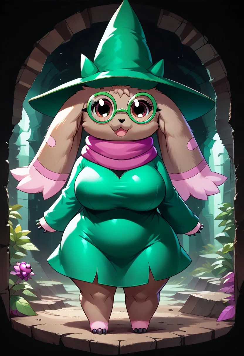 ((score_9, score_8_up, score_7_up, best quality, masterpiece, smooth shading, GhostlyStyle, MegaFluffyPony, furry, fluffy, ITMStyle, solo, full body)) (((cave, ruins, plants, easynegative, front view))), (((female, anthro Digimon, lopmon_(Digimon):1.00))), ((brown fur, horns, drooping ears, small tail, black eyes, eyelashes)), ((ralseifit, green hat, green glasses, round eyewear, magenta scarf, wizard hat, long sleeves, heart sprint, black heart, green dress, short dress:1.45)), ((happy, posing)), ((big hips, big breasts, voluptuous:1.25))