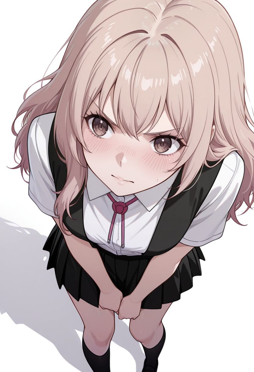 masterpiece,high quality details, absurdres,
 <lora:Kazusa_Ootori_V2:0.8> kazusa_cnr, 1girl, light brown hair, long hair, brown eyes,kazusa_s1, school uniform, white shirt, short sleeves,pleated skirt, suspender skirt,ribbon, socks, kneehighs,, simple background, white background, from above,solo,, v-shaped eyebrows,embarrassed,