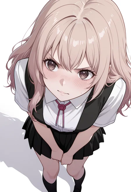 masterpiece,high quality details, absurdres,
<lora:Kazusa_Ootori_V2:0.8> kazusa_cnr, 1girl, light brown hair, long hair, brown eyes,kazusa_s1, school uniform, white shirt, short sleeves,pleated skirt, suspender skirt,ribbon, socks, kneehighs,, simple background, white background, from above,solo,, v-shaped eyebrows,embarrassed,