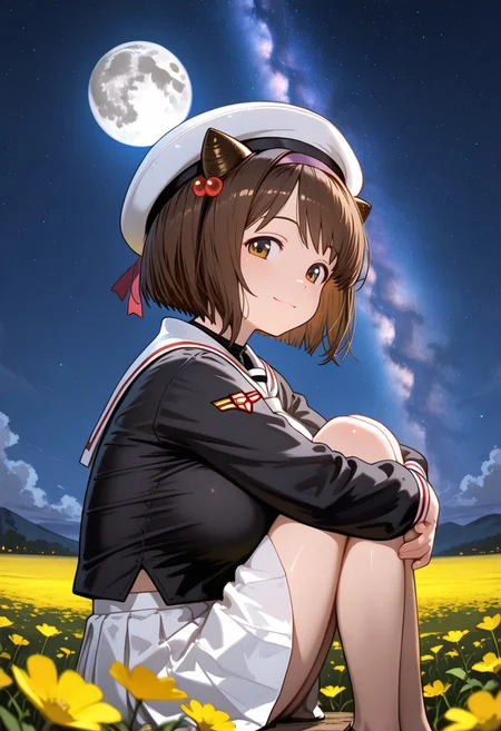 medium depth of field, rule of thirds, masterpiece-level, clean lines, sharp, focused subject, minimalistic composition, masterpiece, amazing quality, best quality, anime screencap, detailed face, detailed eyes, detailed outfit, face focus, best quality hands,
general,highres, ultra-detailed,very aesthetic,best quality ,best hands, perfect anatomy,detailed,
BREAK 1girl, solo, gbfyaia, brown hair, short hair, hairband, draph, brown eyes,
tomoeda elementary school uniform, black serafuku, puffy long sleeves, white sailor collar, white necktie, white skirt, untucked shirt, cosplay,white beret,
from front, from side, cowboy shot,
sitting, hugging own legs, knees arms support, happy, light smile, looking at viewer,
Flower Field, moon,
outdoors, night sky, strarry sky, milky way, scenery,