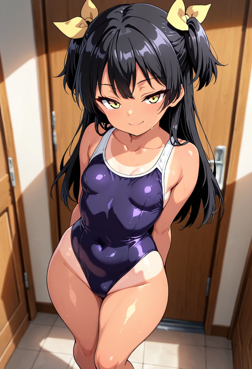 uncensored, HDR, 8K, high contrast, masterpiece, best quality, amazing quality, very aesthetic, superabsurd res, high resolution, ultra-detailed, absurdres, newest, scenery, solo, Sera, black hair, long hair, small twintails, yellow ribbons, yellow eyes, suntanned body, suntan lines, small breasts, small waist, thick thighs, huge ass, wide hips, looking at viewer, school uniform, blue swimsuit, one-pieve swimsuit, white thighs, seductive eyes, indoors, dinamic angle, top view, seductive pose, seductive smile, standing, front view
