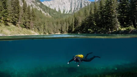 a person in a wet suit is swimming in the water with a mountain and trees in the background <lora:Splitshot:0.7>