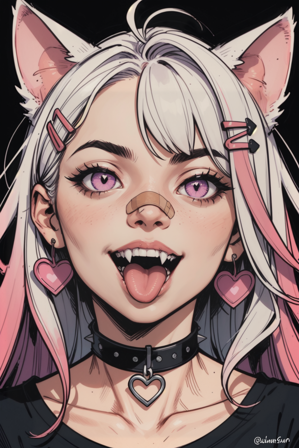 1girl, solo, tongue, animal ears, jewelry, heart, choker, earrings, bandaid, bandaid on nose, bandaid on face, tongue out, cat ears, fangs, portrait, white hair, open mouth, black choker, hair ornament, teeth, hairclip, long hair, pink eyes, artist name, purple eyes, black shirt, smile, collarbone, tattoo, shirt, multicolored hair, looking at viewer, watermark, makeup, twitter username, eyelashes, slit pupils, pink hair, upper teeth only, sticker on face, upper body, messy hair, pale skin, facial mark, heart earrings, virtual youtuber, gradient hair, neck tattoo, cat girl, instagram logo, head tilt, collar, instagram username, eyeshadow, blurry, bright pupils, <lora:Expressive_H:0.5>, score_9, score_8_up, score_8_up, a_Comic_Illustration, rough lines with ink, (drawn:1.1), (sketch:1.5), (crosshatching:1.25), (comic style:1.1), graphic novel style, sharp lines, hires, zstyle, (western comics \(style\):1.1), (hatching \(texture\):1.2), zPDXL, Mr_Monster_Possitive, beautiful detailed eyes, extreme details eyes,  perfect anatomy,, .