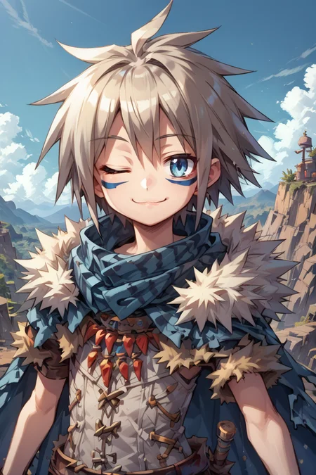 (score_9, score_8_up, score_7_up, score_6_up), source anime, BREAK, solo, <lora:Milanor:0.75> , miladef, 1boy, grey hair, spiked hair, blue eyes, blue facial mark, fur trim, blue cloak, white corset, (upper body), exterior, outdoors, day, canyon, mountains, cliffs, valleys, wasteland, standing, smile, closed mouth, <lora:zy_Detailed_Backgrounds_v1:0.5> , detailed background, highly detailed, <lora:backgroundsetXL:0.4> , background, looking at viewer, smug, one eye closed, <lora:cr33pXLP:0.7> , cr33p,