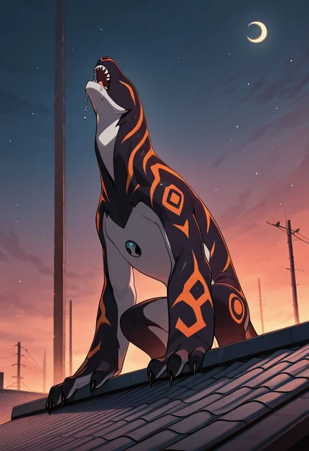 <lora:wildmutt-06:1> wildmutt, solo, no humans, claws, sharp teeth, no eyes, no ears, drooling, standing on rooftop, howling, crescent moon, masterpiece, best quality, amazing quality, very aesthetic, absurdres, newest,